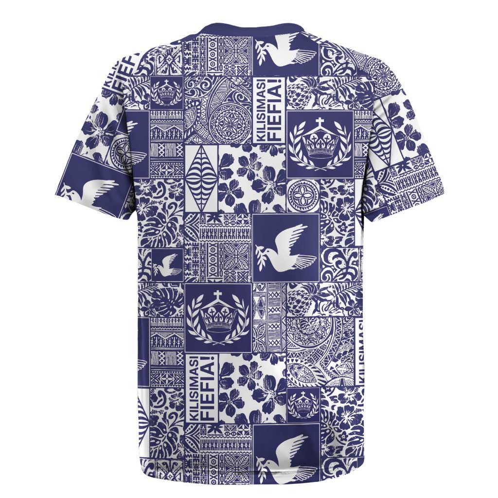 Blue Tonga Kilisimasi Fiefia Rugby Jersey Pacific Patchwork Xmas Vibes - Polynesian Pride