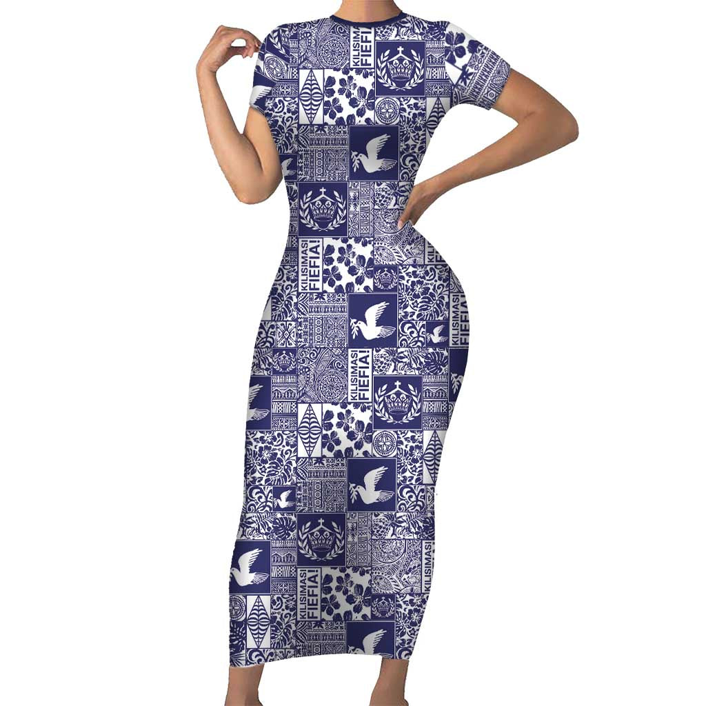 Blue Tonga Kilisimasi Fiefia Short Sleeve Bodycon Dress Pacific Patchwork Xmas Vibes - Polynesian Pride
