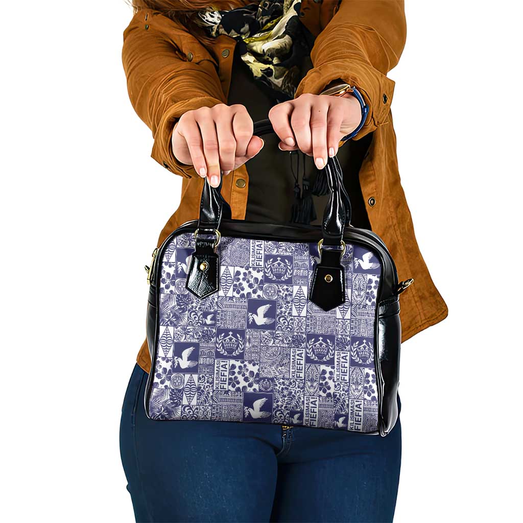 Blue Tonga Kilisimasi Fiefia Shoulder Handbag Pacific Patchwork Xmas Vibes - Polynesian Pride