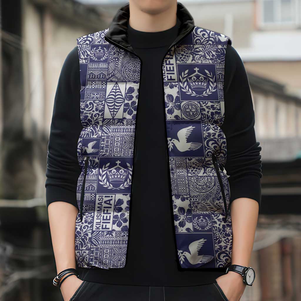 Blue Tonga Kilisimasi Fiefia Sleeveless Puffer Jacket Pacific Patchwork Xmas Vibes - Polynesian Pride