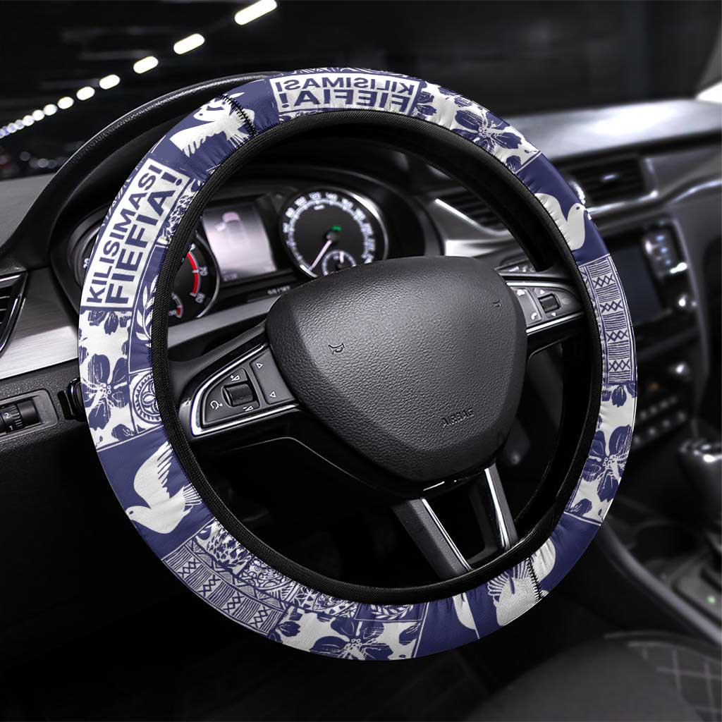 Blue Tonga Kilisimasi Fiefia Steering Wheel Cover Pacific Patchwork Xmas Vibes LT9 Universal Fit Blue - Polynesian Pride
