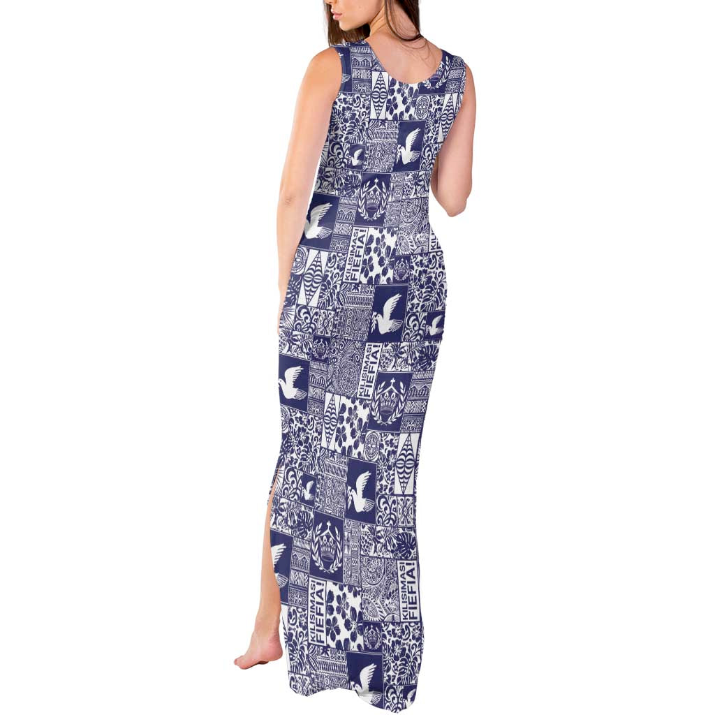 Blue Tonga Kilisimasi Fiefia Tank Maxi Dress Pacific Patchwork Xmas Vibes - Polynesian Pride