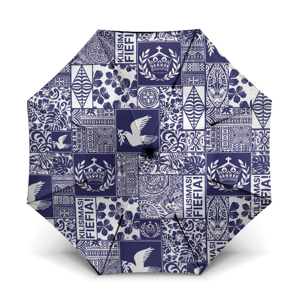 Blue Tonga Kilisimasi Fiefia Umbrella Pacific Patchwork Xmas Vibes LT9 One Size Folded 11.42 inch Opened Diameter 37.4 inch Blue - Polynesian Pride