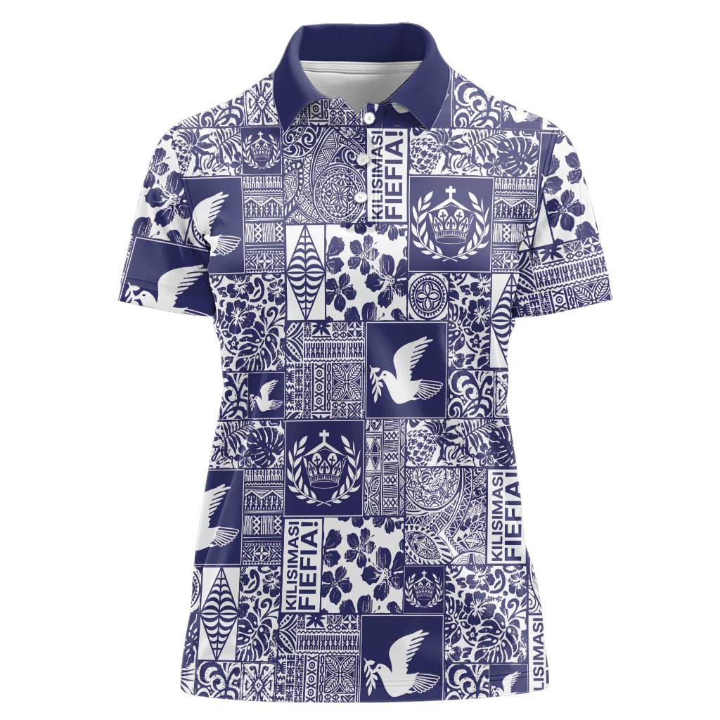 Blue Tonga Kilisimasi Fiefia Women Polo Shirt Pacific Patchwork Xmas Vibes - Polynesian Pride