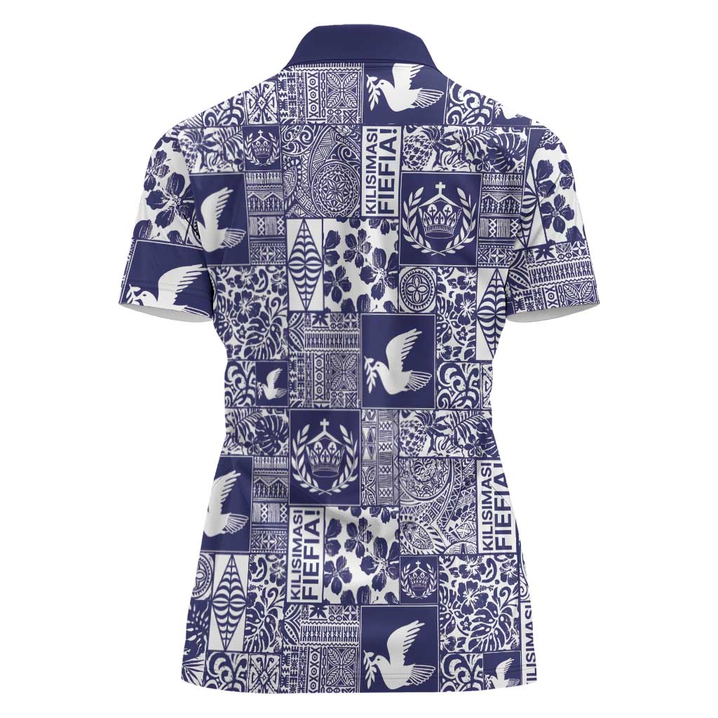 Blue Tonga Kilisimasi Fiefia Women Polo Shirt Pacific Patchwork Xmas Vibes - Polynesian Pride