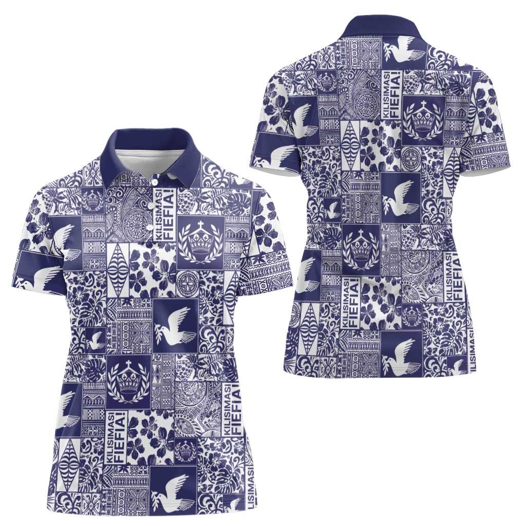 Blue Tonga Kilisimasi Fiefia Women Polo Shirt Pacific Patchwork Xmas Vibes - Polynesian Pride