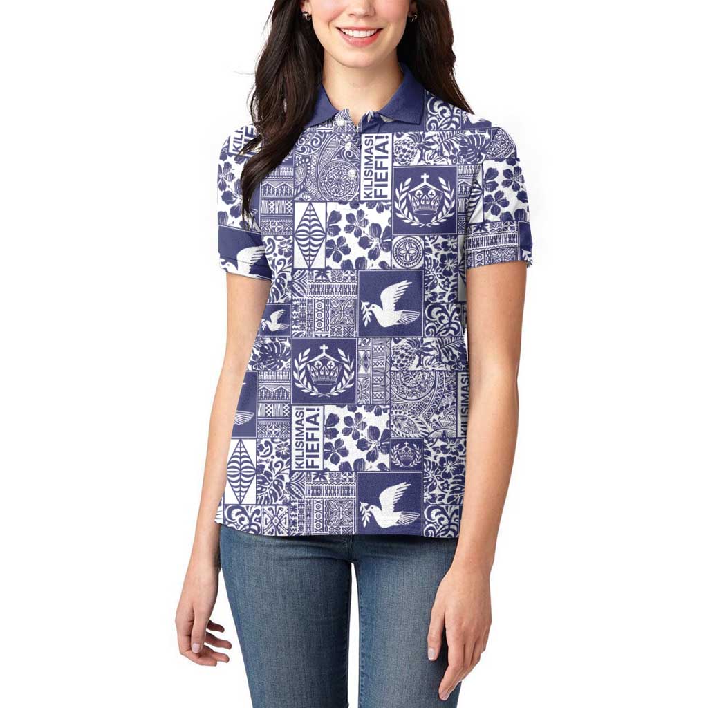 Blue Tonga Kilisimasi Fiefia Women Polo Shirt Pacific Patchwork Xmas Vibes - Polynesian Pride