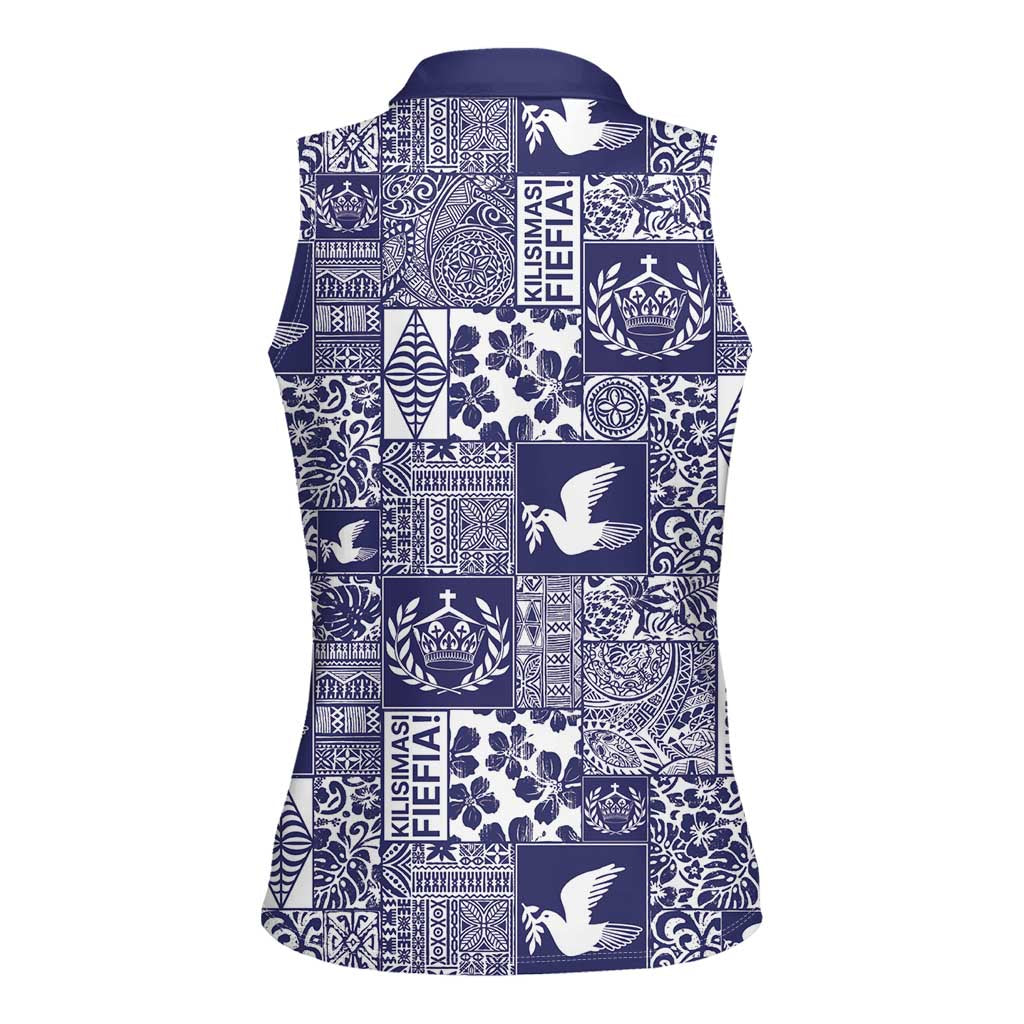 Blue Tonga Kilisimasi Fiefia Women Sleeveless Polo Shirt Pacific Patchwork Xmas Vibes - Polynesian Pride