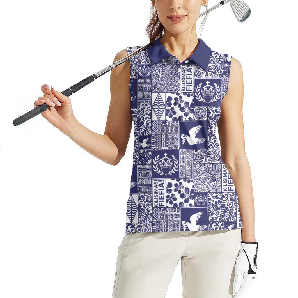 Blue Tonga Kilisimasi Fiefia Women Sleeveless Polo Shirt Pacific Patchwork Xmas Vibes - Polynesian Pride