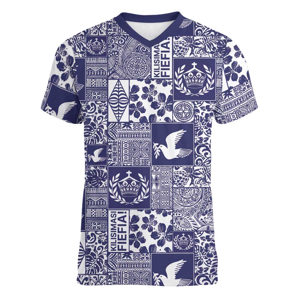 Blue Tonga Kilisimasi Fiefia Women V-Neck T-Shirt Pacific Patchwork Xmas Vibes - Polynesian Pride