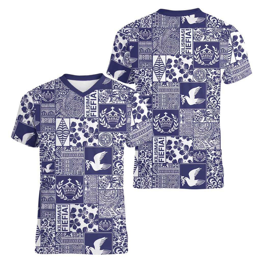 Blue Tonga Kilisimasi Fiefia Women V-Neck T-Shirt Pacific Patchwork Xmas Vibes - Polynesian Pride