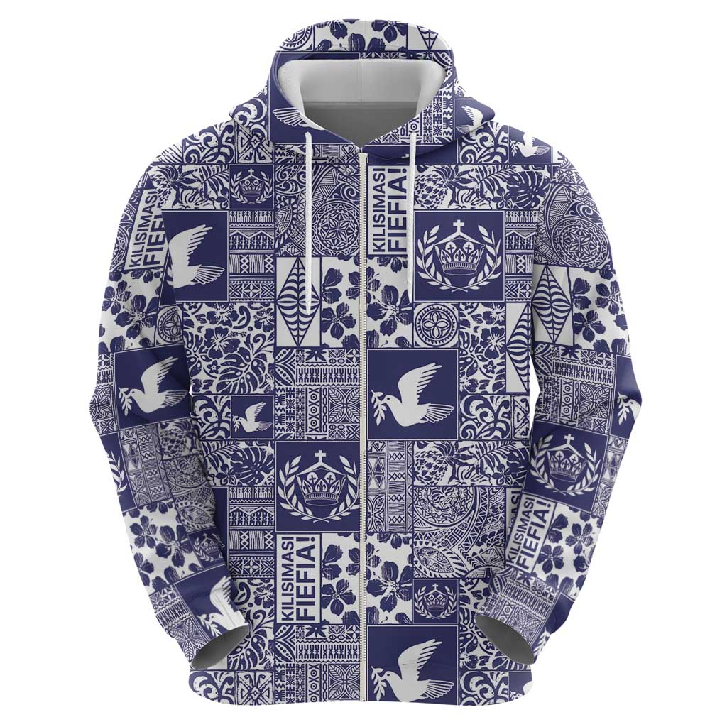 Blue Tonga Kilisimasi Fiefia Zip Hoodie Pacific Patchwork Xmas Vibes - Polynesian Pride