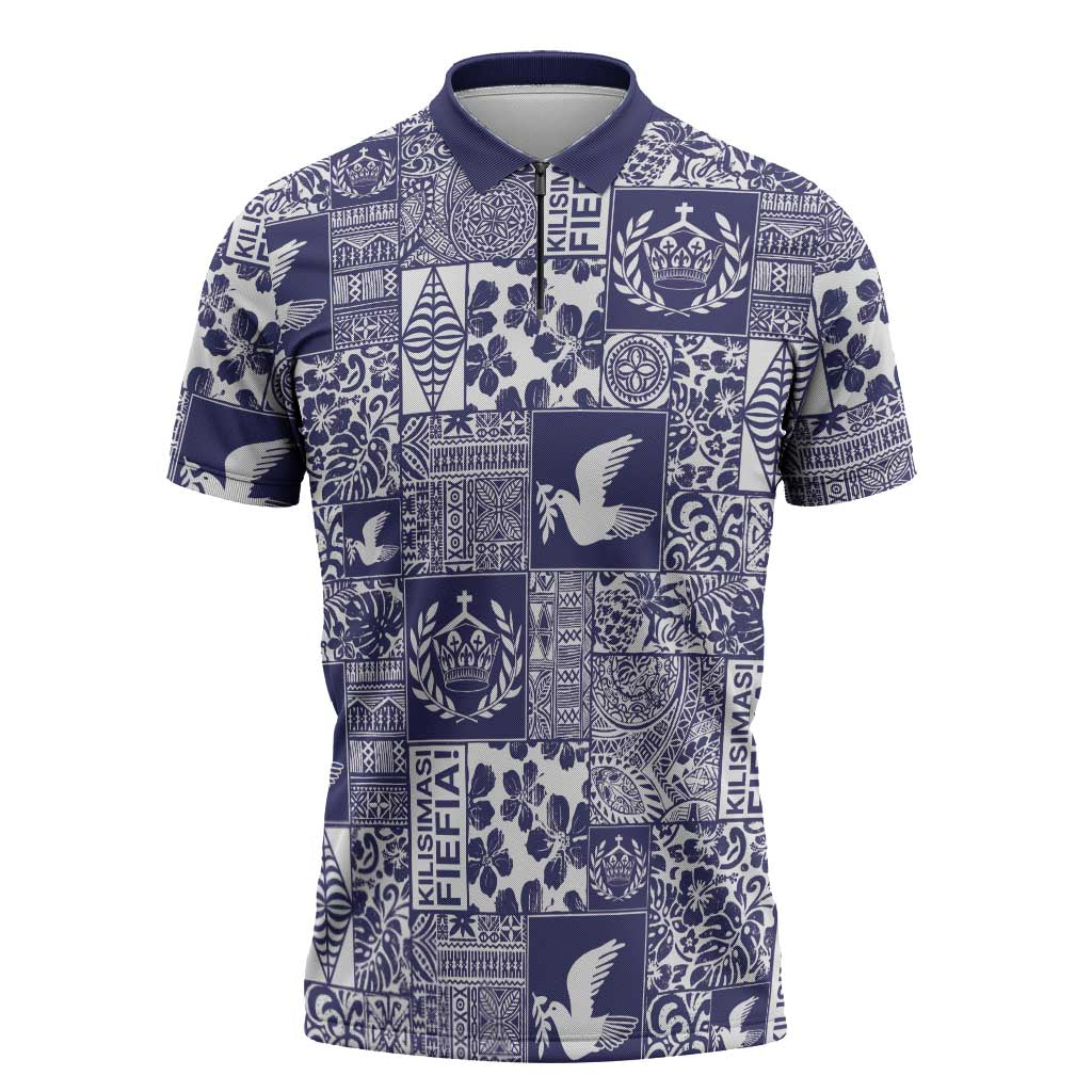 Blue Tonga Kilisimasi Fiefia Zipper Polo Shirt Pacific Patchwork Xmas Vibes - Polynesian Pride