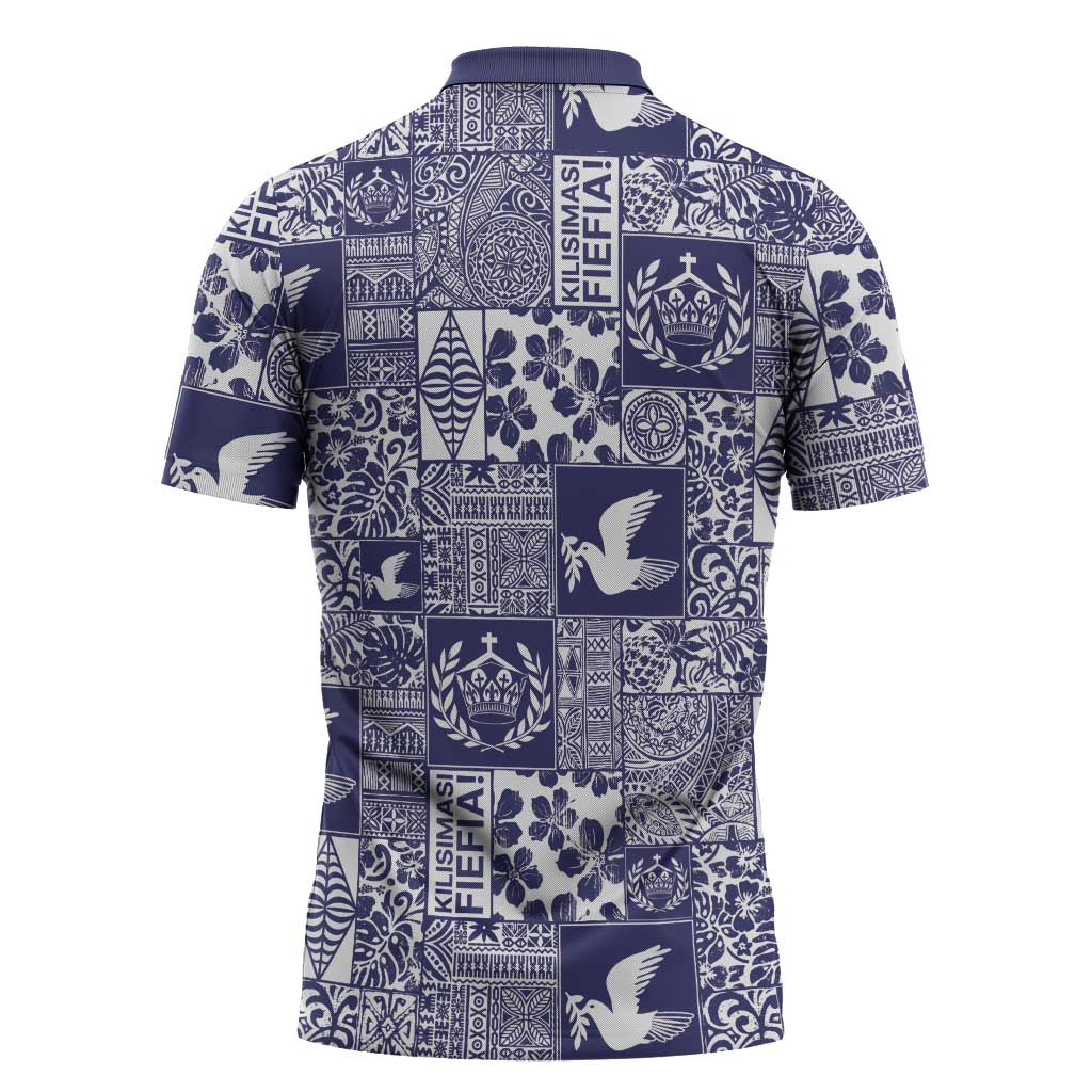 Blue Tonga Kilisimasi Fiefia Zipper Polo Shirt Pacific Patchwork Xmas Vibes - Polynesian Pride