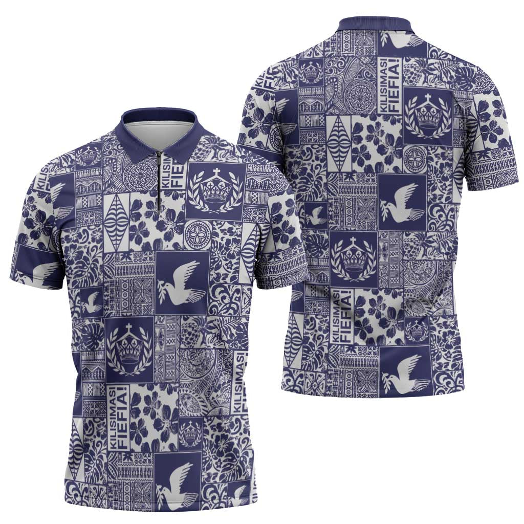 Blue Tonga Kilisimasi Fiefia Zipper Polo Shirt Pacific Patchwork Xmas Vibes - Polynesian Pride