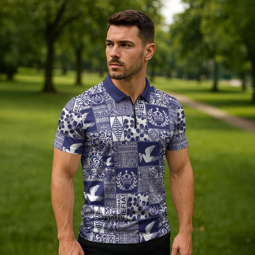 Blue Tonga Kilisimasi Fiefia Zipper Polo Shirt Pacific Patchwork Xmas Vibes - Polynesian Pride