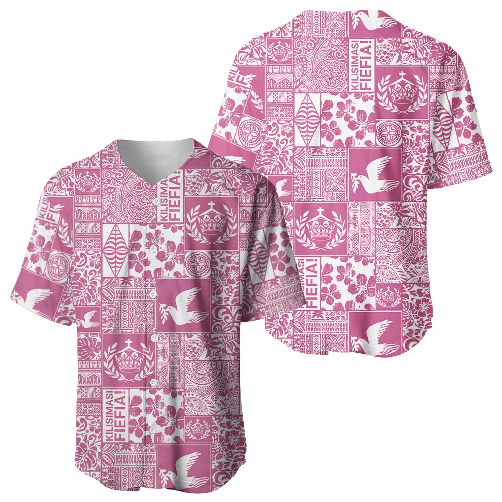 Pink Tonga Kilisimasi Fiefia Baseball Jersey Pacific Patchwork Xmas Vibes - Polynesian Pride
