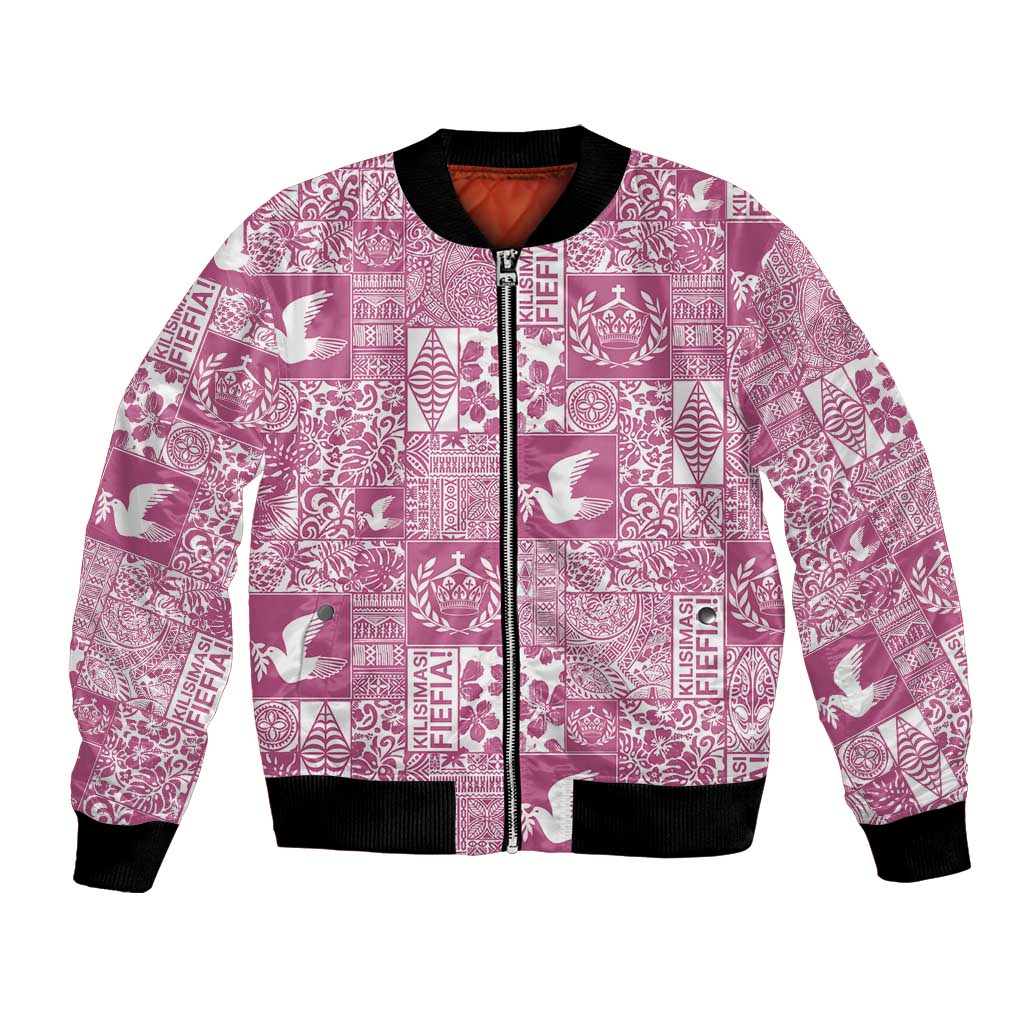 Pink Tonga Kilisimasi Fiefia Bomber Jacket Pacific Patchwork Xmas Vibes LT9 Unisex Pink - Polynesian Pride