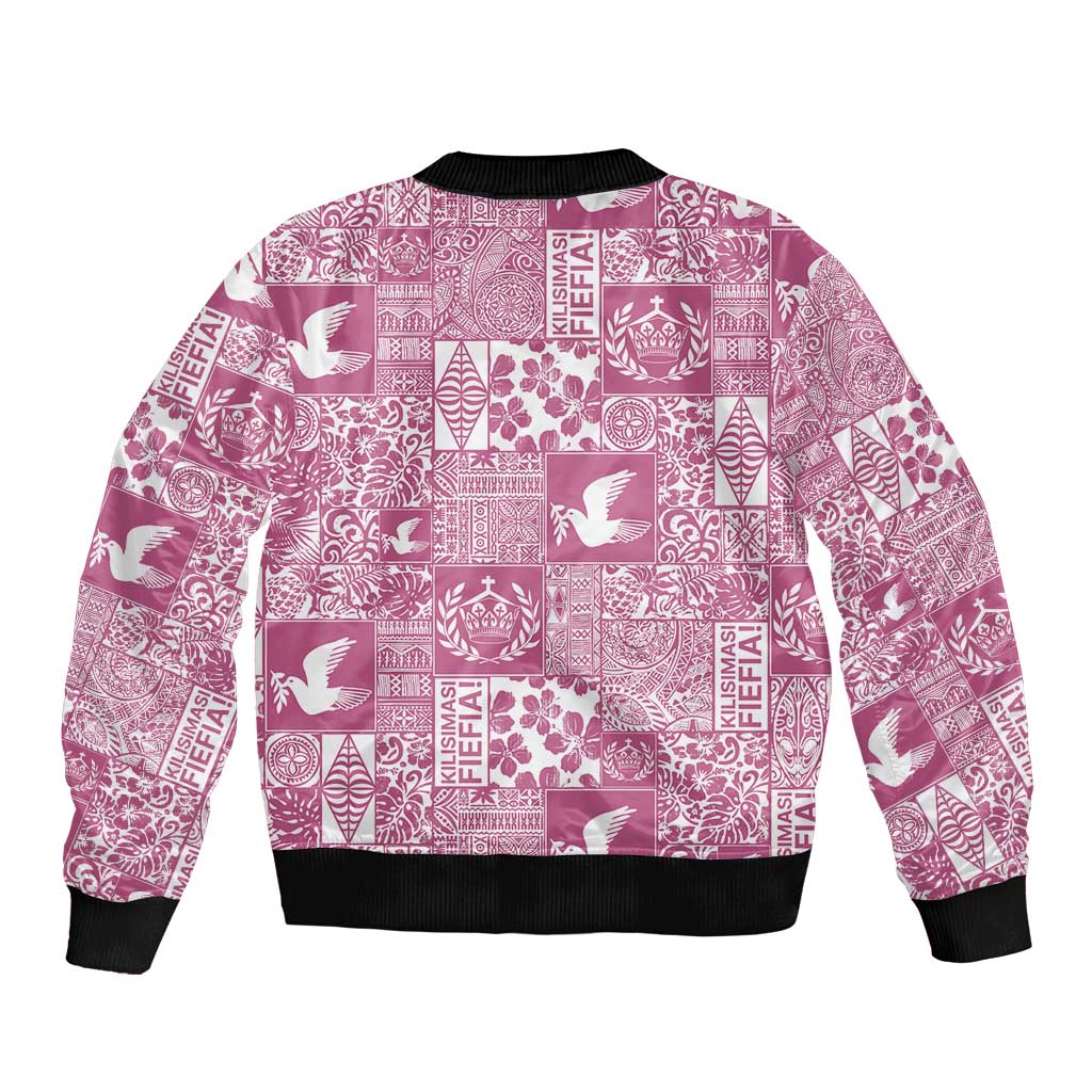 Pink Tonga Kilisimasi Fiefia Bomber Jacket Pacific Patchwork Xmas Vibes LT9 - Polynesian Pride