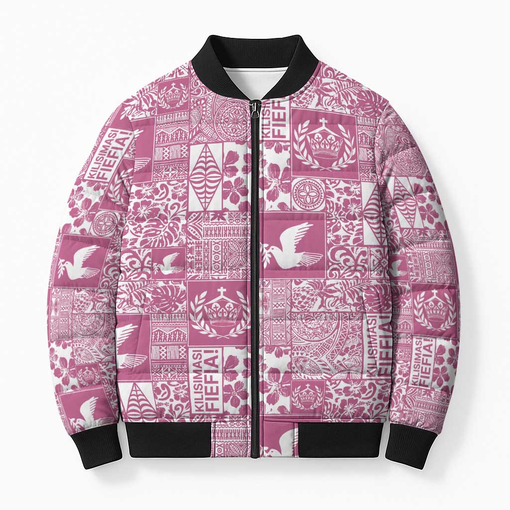 Pink Tonga Kilisimasi Fiefia Bomber Puffer Jacket Pacific Patchwork Xmas Vibes LT9 Unisex Pink - Polynesian Pride
