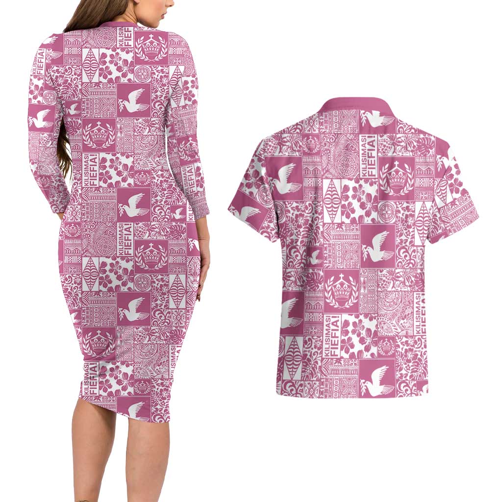 Pink Tonga Kilisimasi Fiefia Couples Matching Long Sleeve Bodycon Dress and Hawaiian Shirt Pacific Patchwork Xmas Vibes - Polynesian Pride