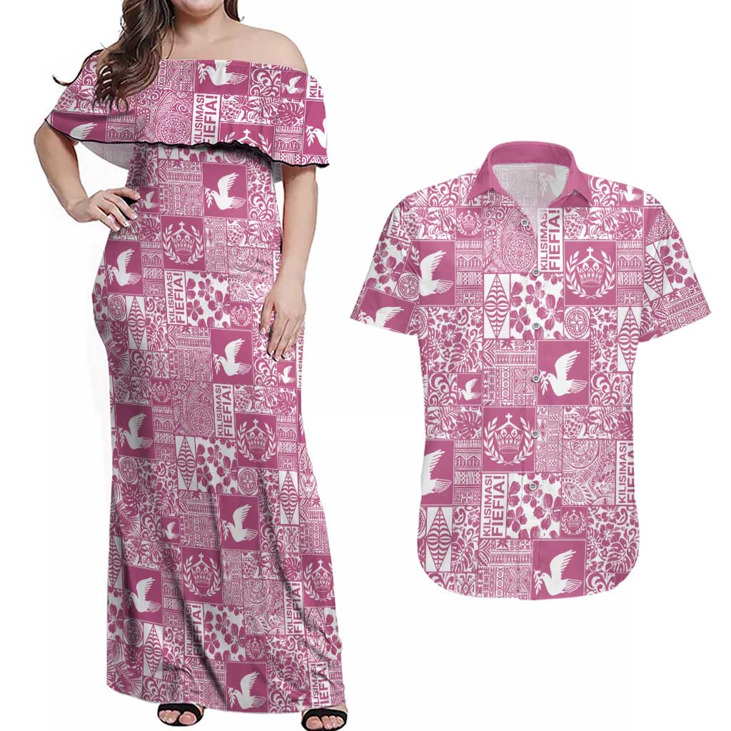Pink Tonga Kilisimasi Fiefia Couples Matching Off Shoulder Maxi Dress and Hawaiian Shirt Pacific Patchwork Xmas Vibes - Polynesian Pride