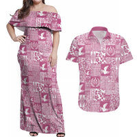 Pink Tonga Kilisimasi Fiefia Couples Matching Off Shoulder Maxi Dress and Hawaiian Shirt Pacific Patchwork Xmas Vibes - Polynesian Pride
