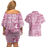 Pink Tonga Kilisimasi Fiefia Couples Matching Off Shoulder Short Dress and Hawaiian Shirt Pacific Patchwork Xmas Vibes - Polynesian Pride