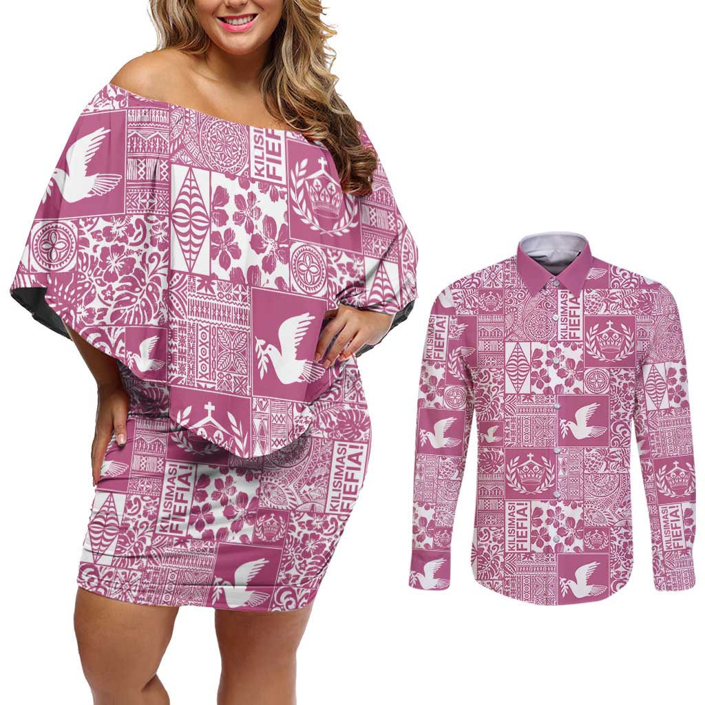 Pink Tonga Kilisimasi Fiefia Couples Matching Off Shoulder Short Dress and Long Sleeve Button Shirt Pacific Patchwork Xmas Vibes - Polynesian Pride