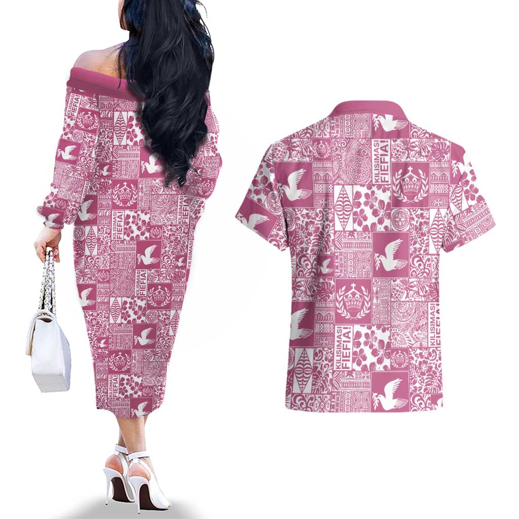 Pink Tonga Kilisimasi Fiefia Couples Matching Off The Shoulder Long Sleeve Dress and Hawaiian Shirt Pacific Patchwork Xmas Vibes - Polynesian Pride