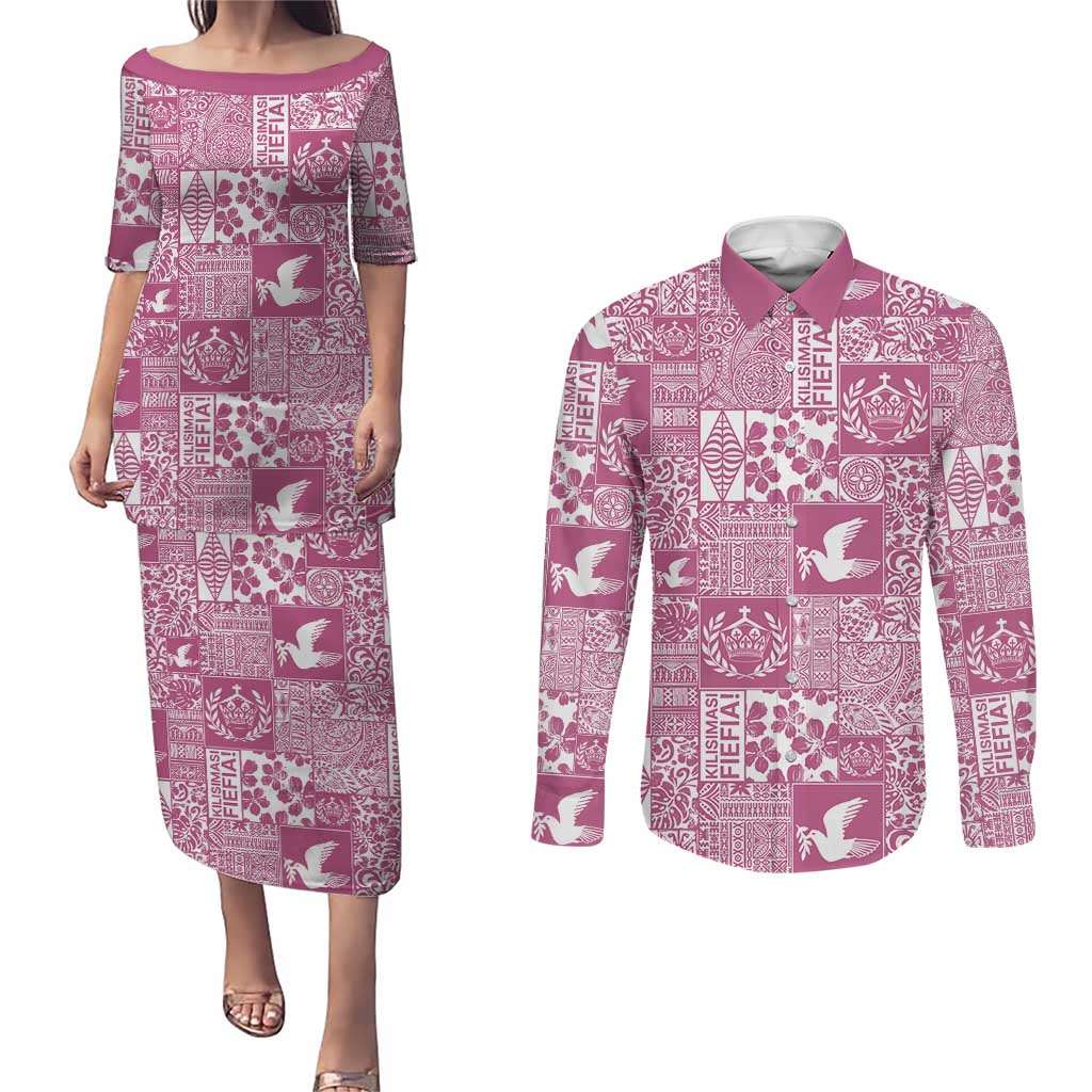Pink Tonga Kilisimasi Fiefia Couples Matching Puletasi and Long Sleeve Button Shirt Pacific Patchwork Xmas Vibes - Polynesian Pride