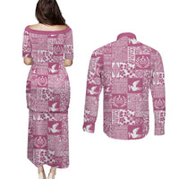 Pink Tonga Kilisimasi Fiefia Couples Matching Puletasi and Long Sleeve Button Shirt Pacific Patchwork Xmas Vibes - Polynesian Pride