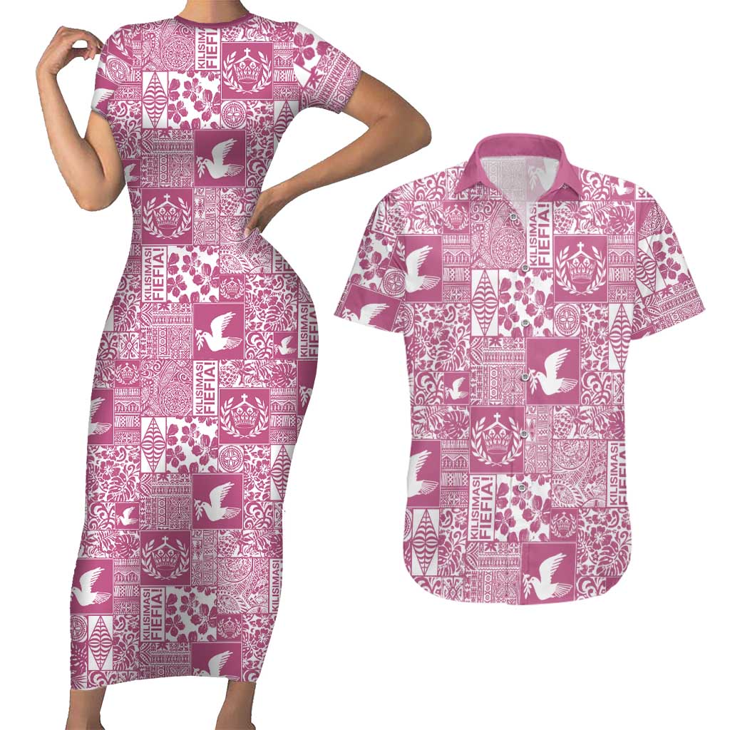 Pink Tonga Kilisimasi Fiefia Couples Matching Short Sleeve Bodycon Dress and Hawaiian Shirt Pacific Patchwork Xmas Vibes - Polynesian Pride