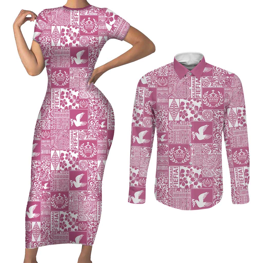 Pink Tonga Kilisimasi Fiefia Couples Matching Short Sleeve Bodycon Dress and Long Sleeve Button Shirt Pacific Patchwork Xmas Vibes - Polynesian Pride