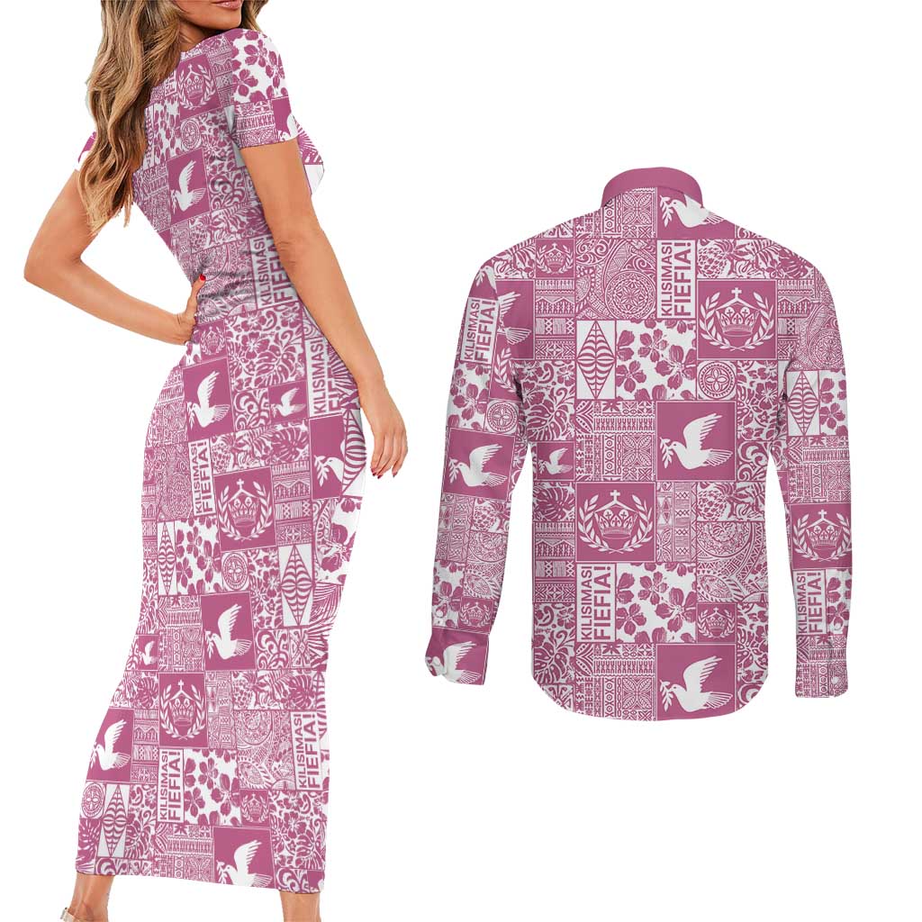 Pink Tonga Kilisimasi Fiefia Couples Matching Short Sleeve Bodycon Dress and Long Sleeve Button Shirt Pacific Patchwork Xmas Vibes - Polynesian Pride