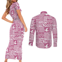 Pink Tonga Kilisimasi Fiefia Couples Matching Short Sleeve Bodycon Dress and Long Sleeve Button Shirt Pacific Patchwork Xmas Vibes - Polynesian Pride