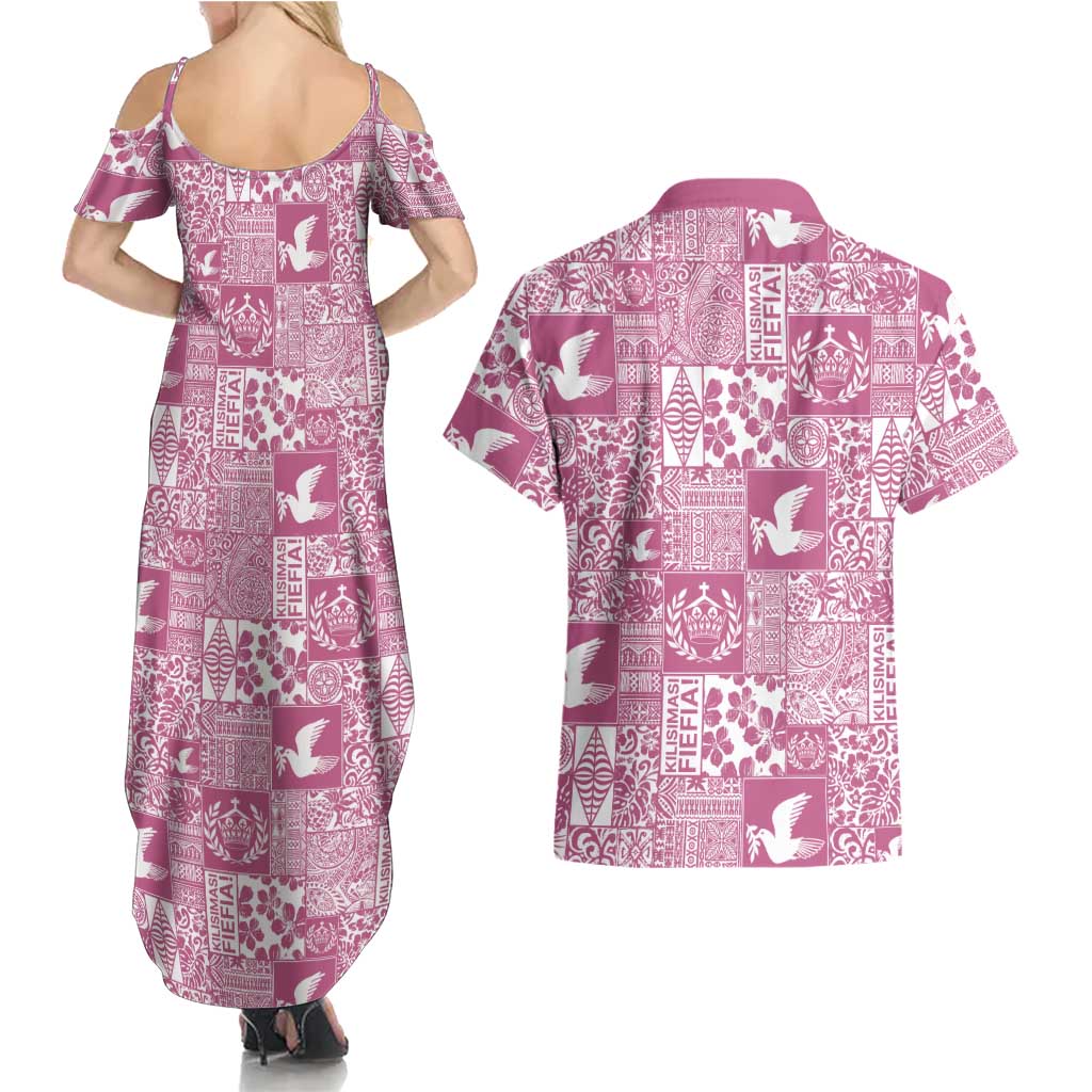 Pink Tonga Kilisimasi Fiefia Couples Matching Summer Maxi Dress and Hawaiian Shirt Pacific Patchwork Xmas Vibes - Polynesian Pride