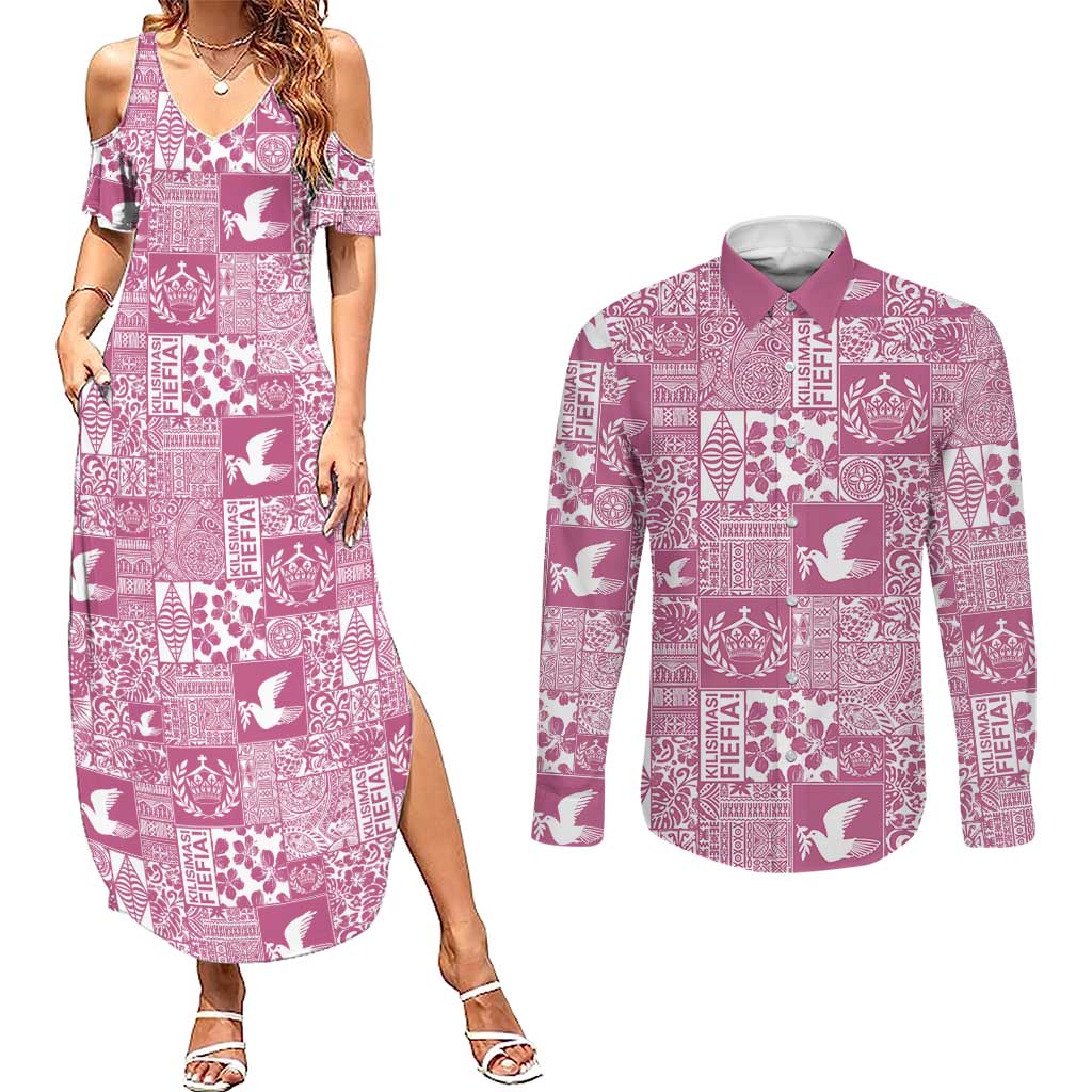 Pink Tonga Kilisimasi Fiefia Couples Matching Summer Maxi Dress and Long Sleeve Button Shirt Pacific Patchwork Xmas Vibes - Polynesian Pride