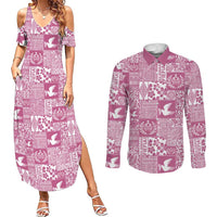 Pink Tonga Kilisimasi Fiefia Couples Matching Summer Maxi Dress and Long Sleeve Button Shirt Pacific Patchwork Xmas Vibes - Polynesian Pride