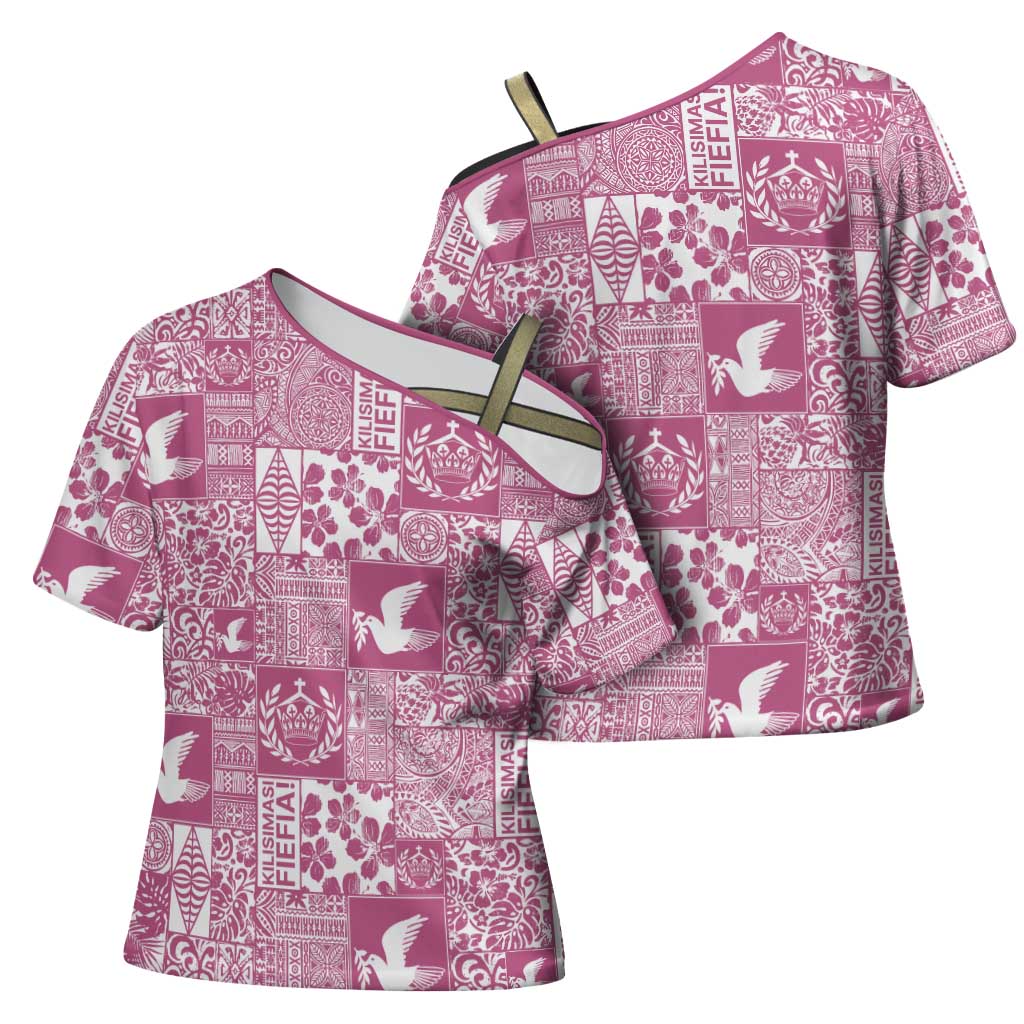 Pink Tonga Kilisimasi Fiefia Cross Shoulder Shirt Pacific Patchwork Xmas Vibes - Polynesian Pride