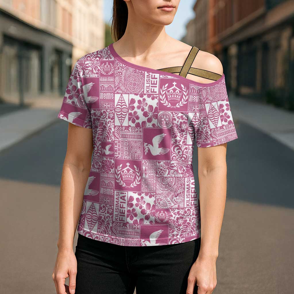 Pink Tonga Kilisimasi Fiefia Cross Shoulder Shirt Pacific Patchwork Xmas Vibes - Polynesian Pride