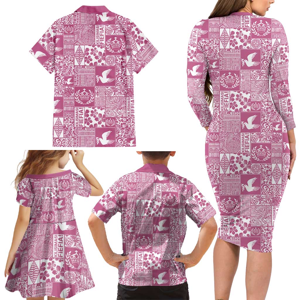 Pink Tonga Kilisimasi Fiefia Family Matching Long Sleeve Bodycon Dress and Hawaiian Shirt Pacific Patchwork Xmas Vibes LT9 - Polynesian Pride