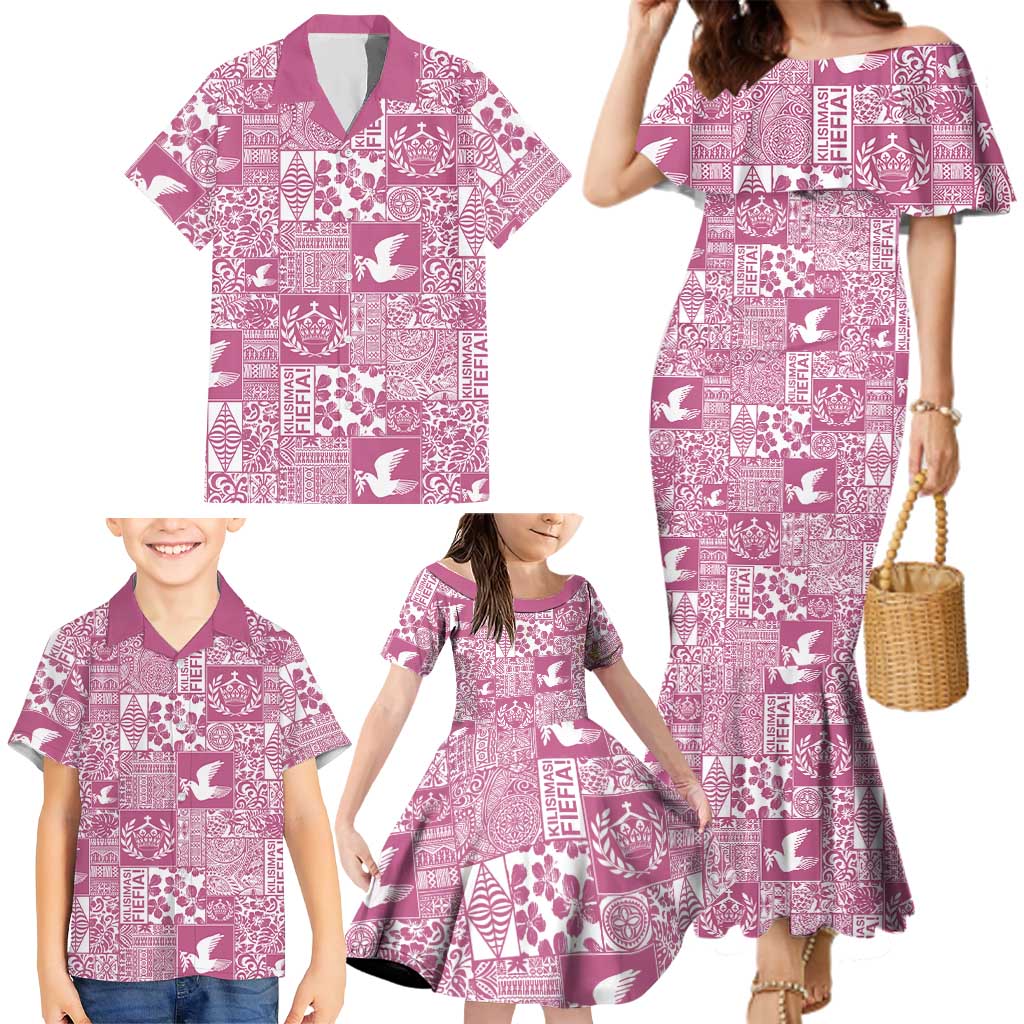 Pink Tonga Kilisimasi Fiefia Family Matching Mermaid Dress and Hawaiian Shirt Pacific Patchwork Xmas Vibes - Polynesian Pride