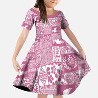 Pink Tonga Kilisimasi Fiefia Family Matching Off The Shoulder Long Sleeve Dress and Hawaiian Shirt Pacific Patchwork Xmas Vibes LT9 Daughter's Dress Pink - Polynesian Pride