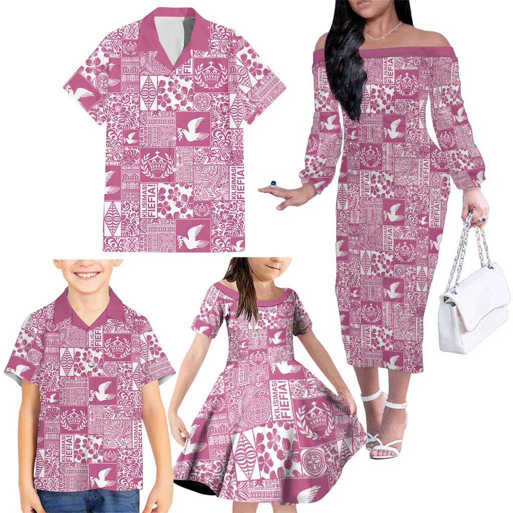 Pink Tonga Kilisimasi Fiefia Family Matching Off The Shoulder Long Sleeve Dress and Hawaiian Shirt Pacific Patchwork Xmas Vibes LT9 - Polynesian Pride