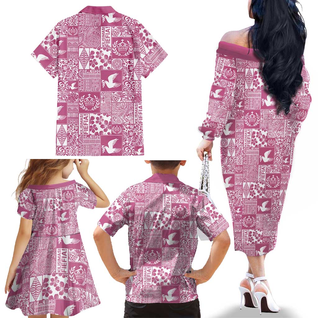 Pink Tonga Kilisimasi Fiefia Family Matching Off The Shoulder Long Sleeve Dress and Hawaiian Shirt Pacific Patchwork Xmas Vibes LT9 - Polynesian Pride