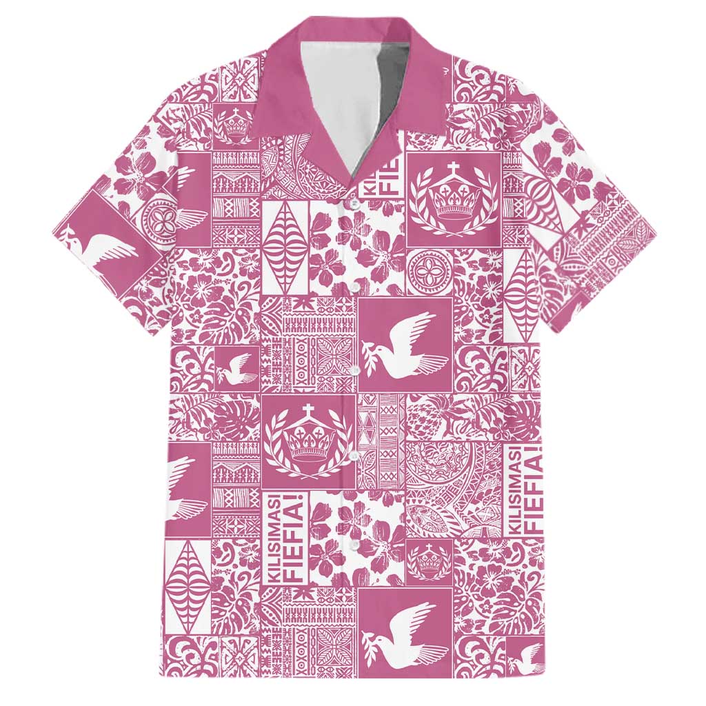 Pink Tonga Kilisimasi Fiefia Family Matching Off The Shoulder Long Sleeve Dress and Hawaiian Shirt Pacific Patchwork Xmas Vibes LT9 Dad's Shirt - Short Sleeve Pink - Polynesian Pride