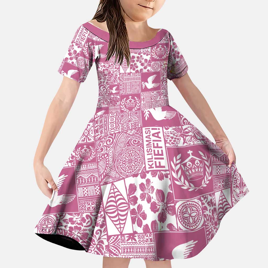 Pink Tonga Kilisimasi Fiefia Family Matching Off Shoulder Maxi Dress and Hawaiian Shirt Pacific Patchwork Xmas Vibes LT9 Daughter's Dress Pink - Polynesian Pride