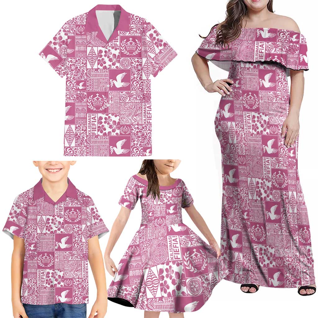 Pink Tonga Kilisimasi Fiefia Family Matching Off Shoulder Maxi Dress and Hawaiian Shirt Pacific Patchwork Xmas Vibes LT9 - Polynesian Pride