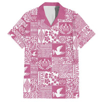 Pink Tonga Kilisimasi Fiefia Family Matching Off Shoulder Short Dress and Hawaiian Shirt Pacific Patchwork Xmas Vibes - Polynesian Pride